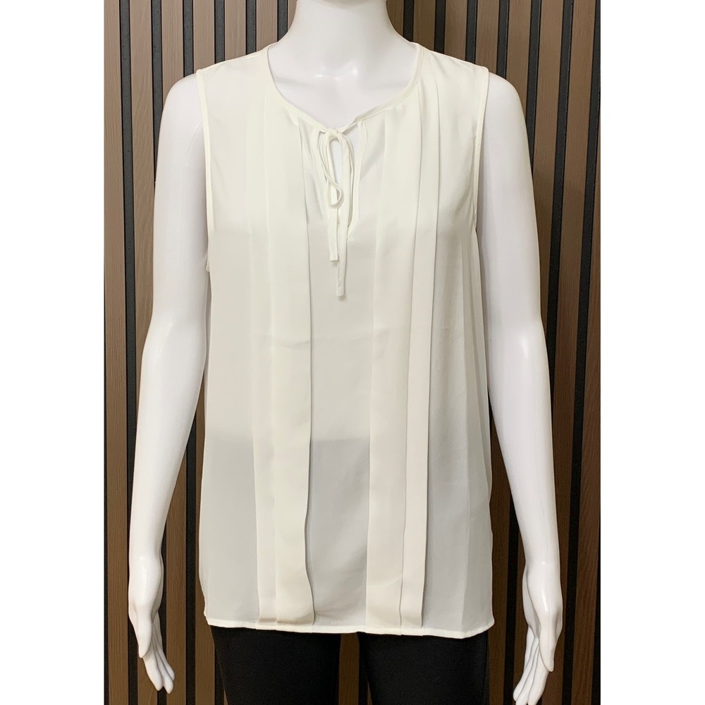 J.Crew Women's Ivory White Pleated Tie Neck Sleeveless Blouse Top L Classic